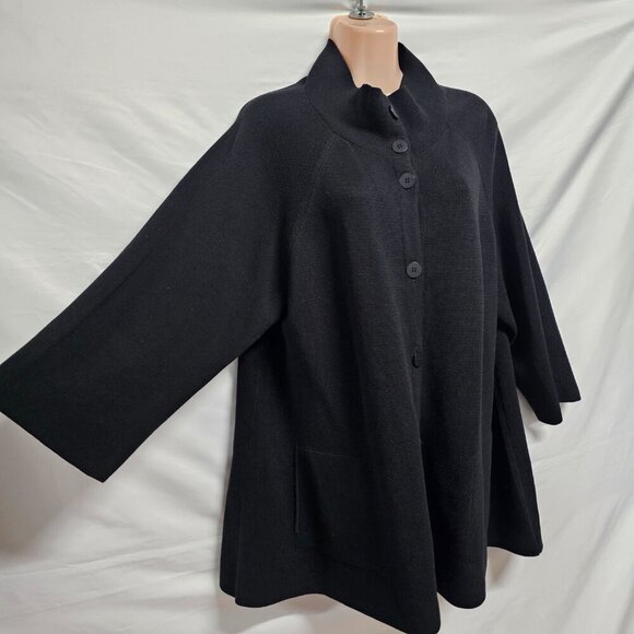 Eileen Fisher Button Up Mock Neck Kimono Jacket Women Size L Black Silk/Cotton - Picture 5 of 13